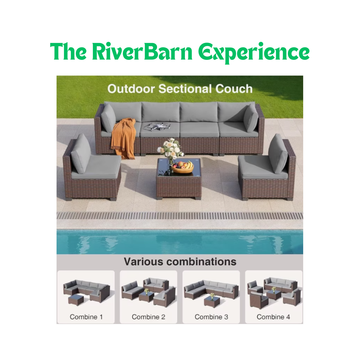 6-Piece Outdoor Modular Wicker Sectional Patio Furniture Set, All-Weather Brown Rattan Conversation Sofa with Gray Cushions & Glass-Top Coffee Table