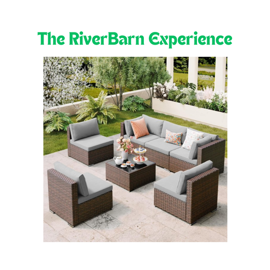 6-Piece Outdoor Modular Wicker Sectional Patio Furniture Set, All-Weather Brown Rattan Conversation Sofa with Gray Cushions & Glass-Top Coffee Table